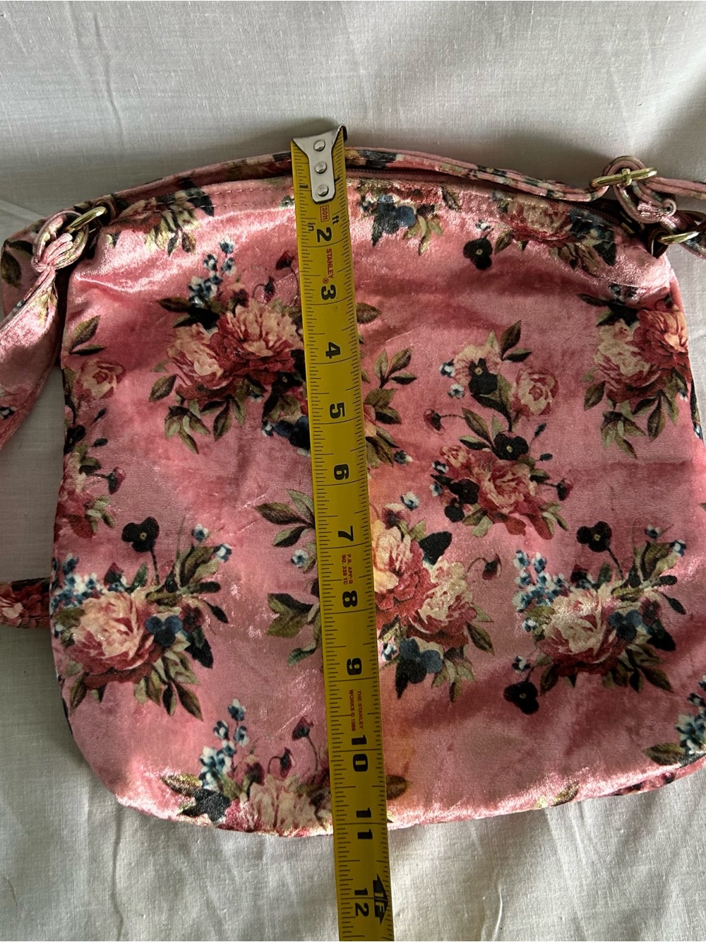 Velvet Crossbody Bag Purse Pink Floral Adjustable Shoulder Strap Zip Top Pockets - Picture 4 of 6